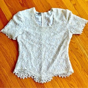 Brilliante By J.A. Vintage White Sequins Beaded Pearl Lace Blouse Sz Medium